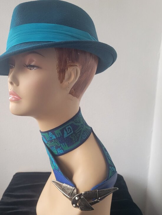 Apt 9 Teal Felt Velour Asymmetrical Fedora Hat with Contrasting Ribbon Band main image 7